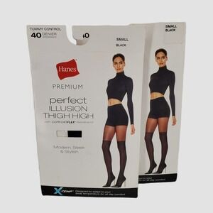 Hanes Women Small Premium Perfect Illusion Thigh High Tights 2pk Black 40 Denier